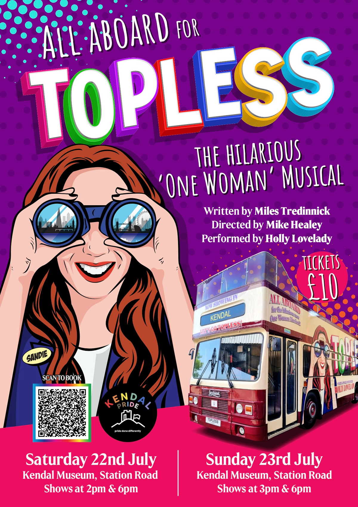 "Topless - The Musical" in the open-top deck of a hop-on hop-off bus